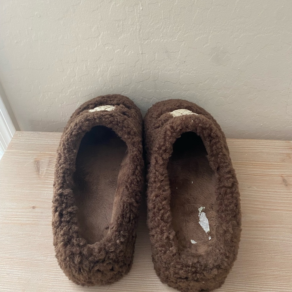Celine Brown Fuzzy Slippers with Cream Logo - Picture 5 of 7